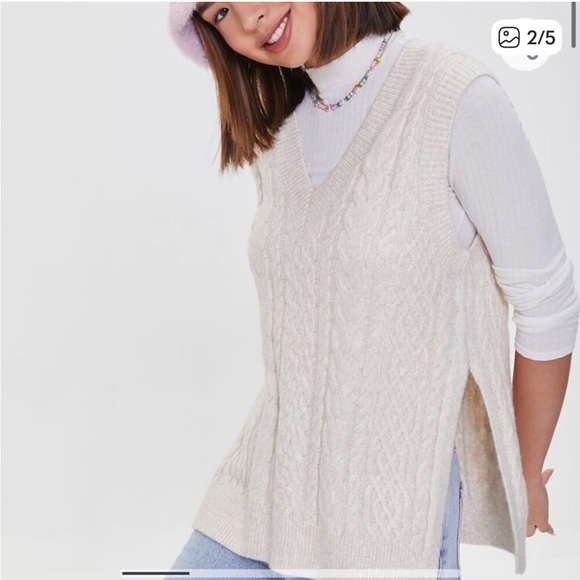 Forever 21 Seafoam Sage Green Cable Knit Sleeveless Sweater Vest w Side Vent. M - Picture 5 of 14